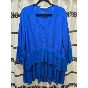 Zara blue sheer pleated 3/4 bell sleeve‎ V-neck tierd relaxed tunic mini dress L